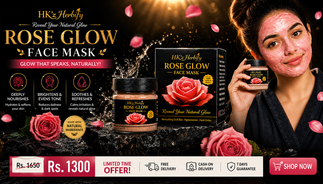 HK'z & Herbify Rose Glow Face Mask with a woman applying the mask, roses, and promotional text.