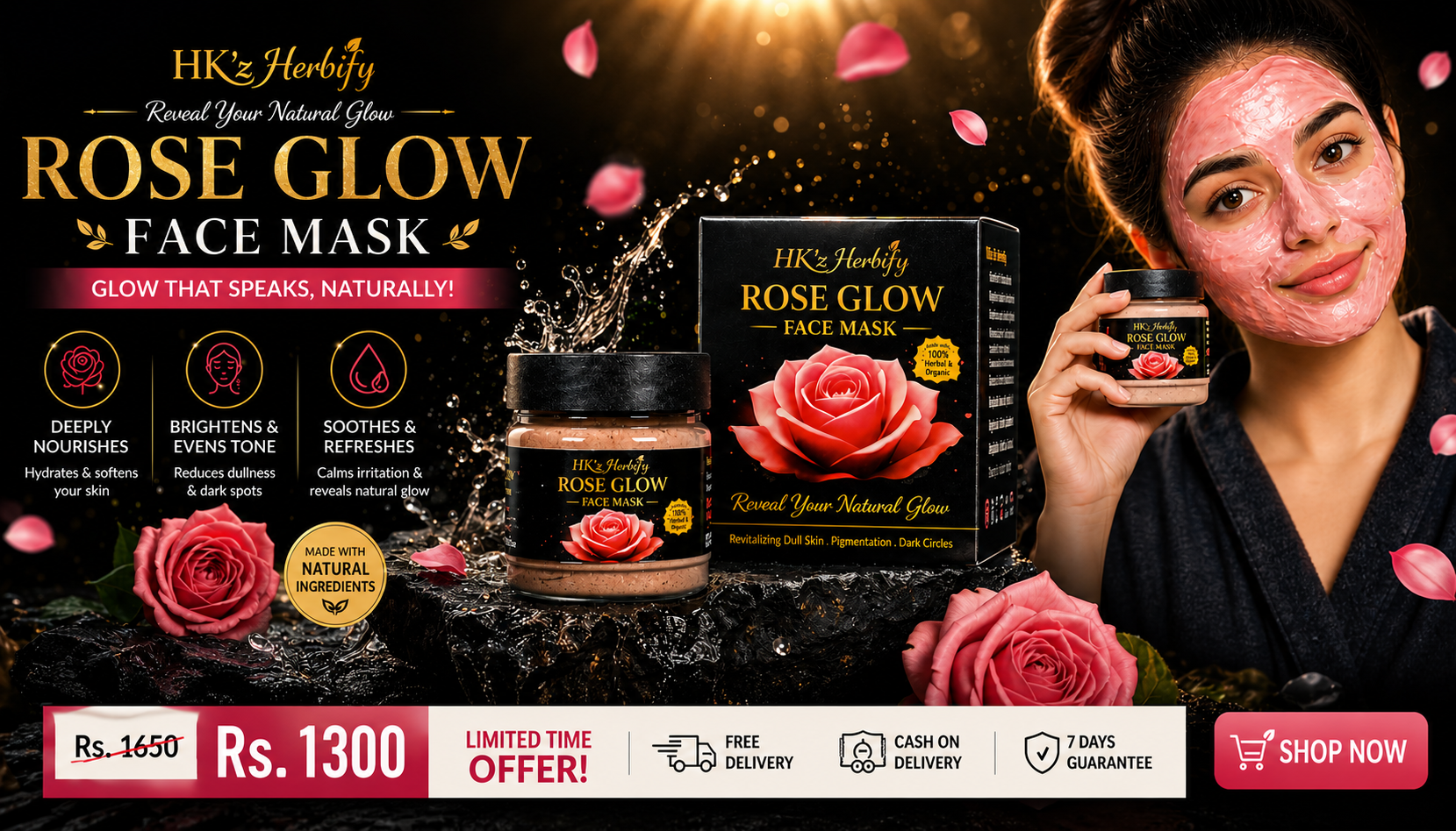 HK'z & Herbify Rose Glow Face Mask with a woman applying the mask, roses, and promotional text.
